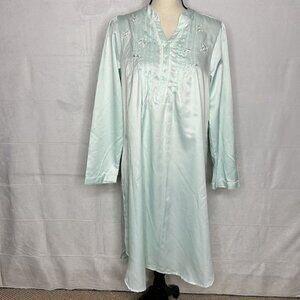Miss Elaine Nightgown Aqua Satin Embroidered Floral Gown Sz S
